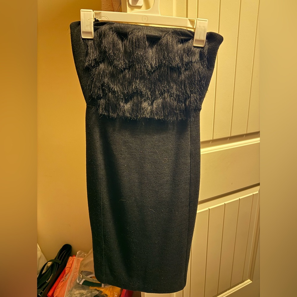 Black strapless mini dress with fringe top
